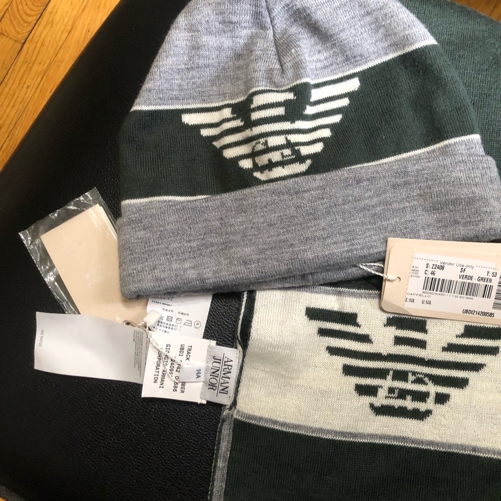 Armani Junior Green and Gray Logo Knit Hat and Scarf Set
